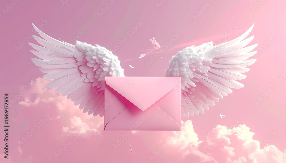 Obraz premium A pink envelope with white wings against a pink sky (1)