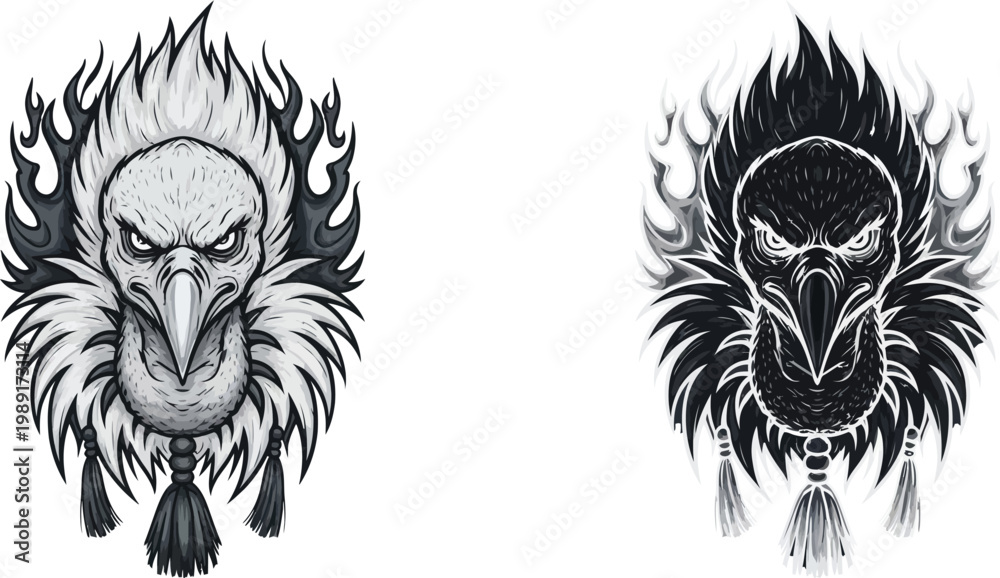 Fototapeta premium Two stylized vulture head illustrations, one light and one dark, featuring fierce expressions, fiery manes, and decorative tassels.