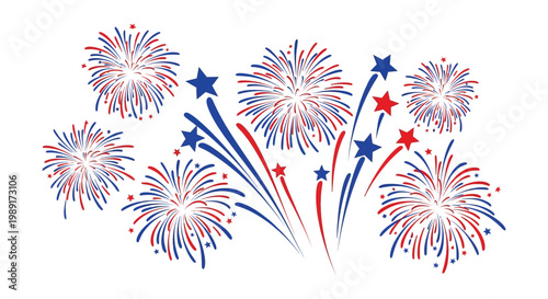 Vibrant red, white, and blue fireworks explode with starbursts and trails on a clean white background.