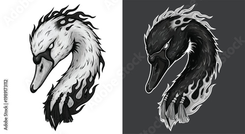 Two stylized swan heads, one white with black flames and one black with white flames, depicting a powerful duality.