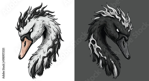 Stylized illustration of two contrasting swan heads, one white with black flames and an orange beak, the other black with white flames and a dark beak, against split backgrounds.
