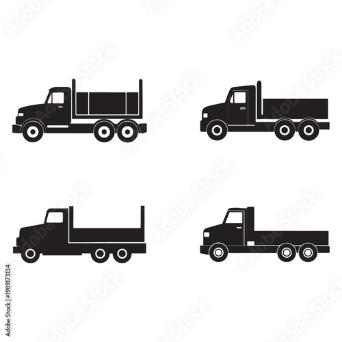 Four black silhouettes of different trucks with various body styles and wheel configurations on white background  truck silhouettes  vehicle icons