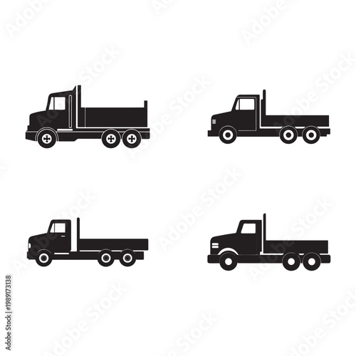 Four black silhouettes of different trucks with various wheel configurations on white background  side views