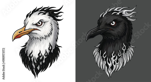 Two stylized bird heads, one white with black flames and one black with white flames, facing left.