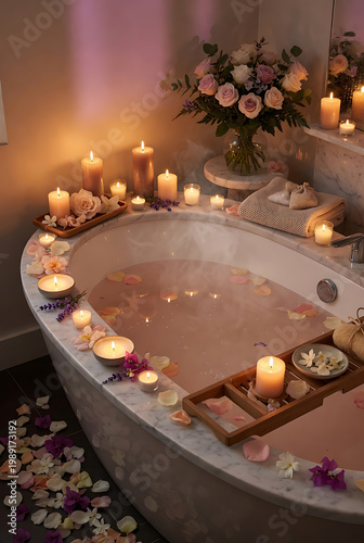 Luxurious Bathtub Filled With Water Surrounded By Candles And Rose Petals Soft Lighting
