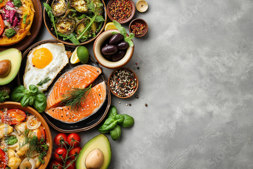 Assortment of healthy food dishes. Top view. Free space for your text