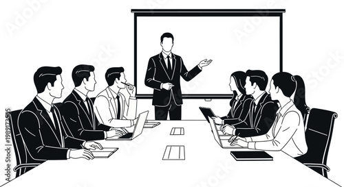 Business meeting presentation, speaker and audience at conference table with laptops