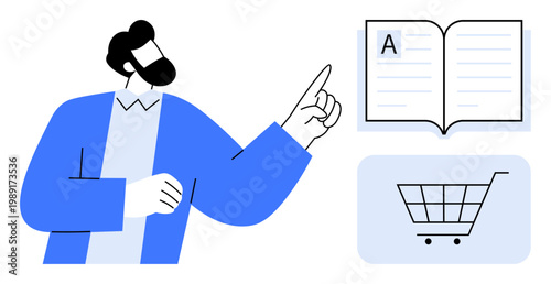 Education, e-commerce, online learning, digital marketing, content creation, virtual shopping. A man pointing at an open book and a shopping cart graphic. Education and e-commerce concept