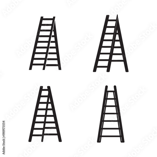 Four black step ladders in different positions on white background for construction and household use  various angles