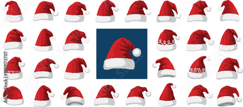 Collection of Red Santa Hats in Various Designs, Christmas Accessories, Vector Illustration