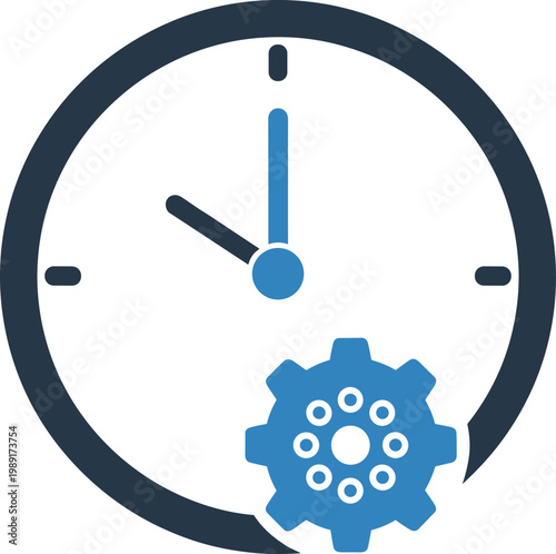 Time configuration and setting icon with analog clock face and industrial gear for system updates and process optimization.