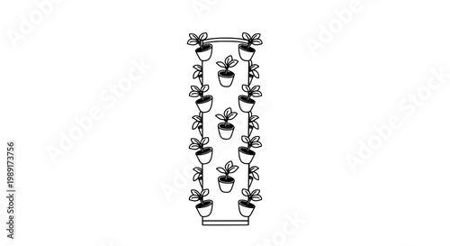 Plant stand vertical garden rack line art icon with small potted houseplants in tall frame featuring