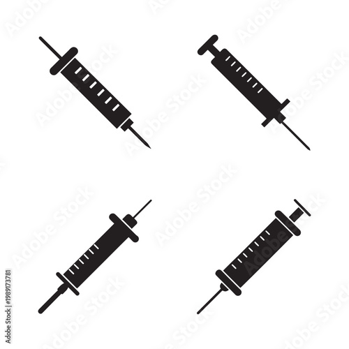 Four black syringe icons in different positions on white background for medical and healthcare concepts  simple illustrations