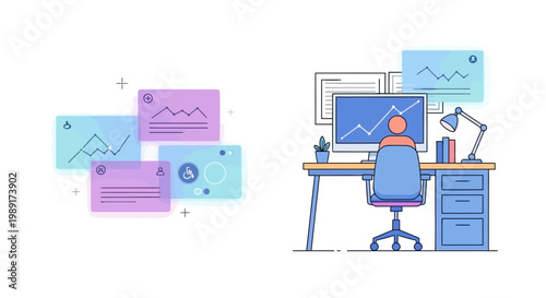 Analyst working with data visualization on computer in clean office setting