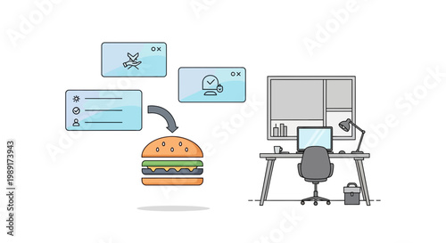 Burger order process online ordering and delivery illustration on white