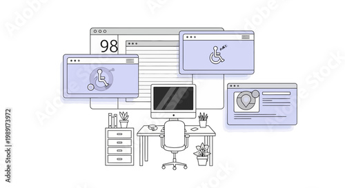 Computer workstation concept with web browser windows and accessibility symbols