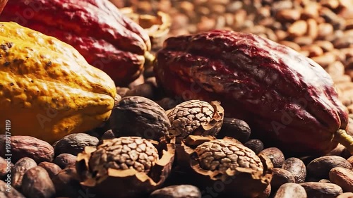 Vibrant Cocoa Fruits and Beans Displayed on Rustic Wooden Background for Culinary and Artisanal Use