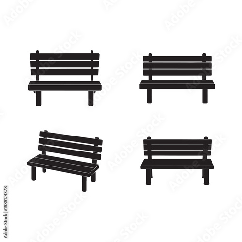 Four black wooden benches in different angles and positions on white background for furniture design  various bench styles  wooden outdoor furniture