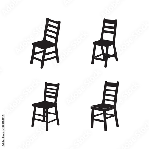 Four black wooden chairs in different positions on white background  furniture for home or office