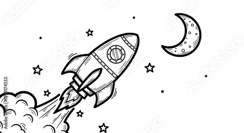 Rocket ship doodle with hand drawn line art, stars and crescent moon, cute space cartoon icon featuring