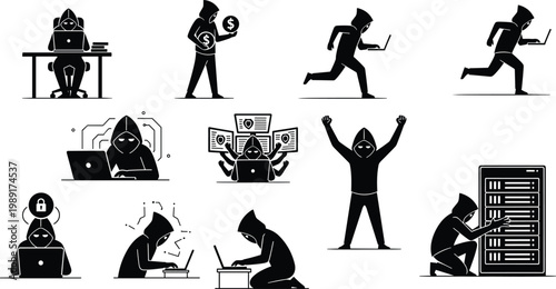 Professional Vector Silhouette Set of Hacker Characters in Hoodies Using Laptops Stealing Money Hacking Servers and Breaking Security for Cyber Crime and Information Safety Concepts