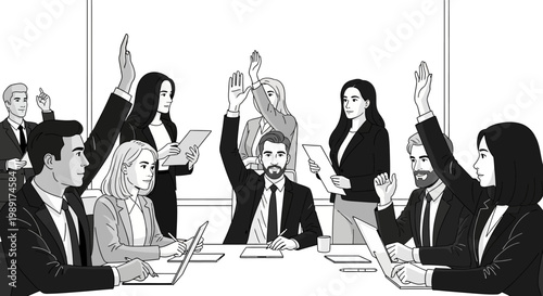 Diverse Business Team Raising Hands in Meeting, Voting Decision Making