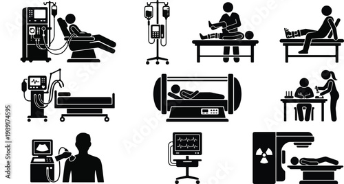 Hospital Medical Therapy and Treatment Silhouette Vector Set 2026 - Patient Care, Physical Therapy, Ultrasound, and Diagnostic Machine Clipart - High-Quality SVG/PNG Digital Download for Clinic and He