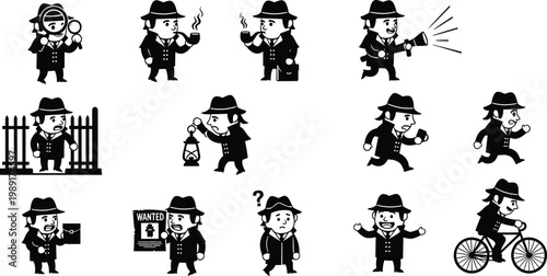 Professional Vector Illustration Set of Cartoon Detective Character Icons Investigating Crimes Using Magnifying Glass Lantern Smoking Pipe Riding Bicycle and Holding Wanted Poster Signs