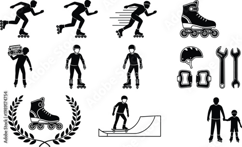 Professional Vector Silhouette Set of Roller Skating Icons Featuring Inline Skates Protection Gear Athletes Racing Boombox Music Skateboard Ramp and Family Skating Activities for Sports