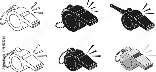 Set of six diverse whistle vector icons in various styles including outline solid and shaded for sports refereeing