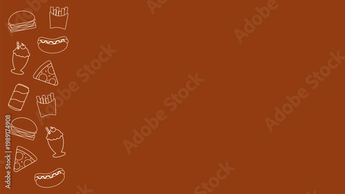 Horizontal fast food background template with white outline burger, pizza and fries, brown copy space for restaurant menu