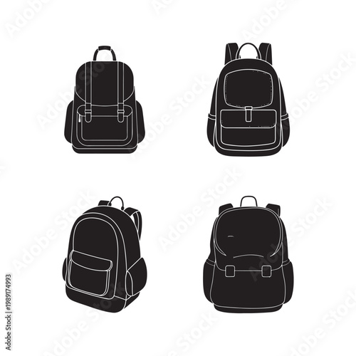 Four different backpacks in black and white outline on white background for school or travel use