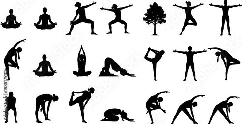 Comprehensive collection of black yoga silhouettes featuring various meditation poses stretching exercises and wellness icons for graphic design