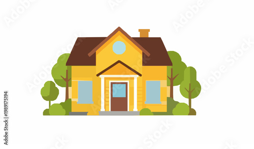 Charming Yellow House with Stay at Home Sign Vector Illustration Cozy Home Scene