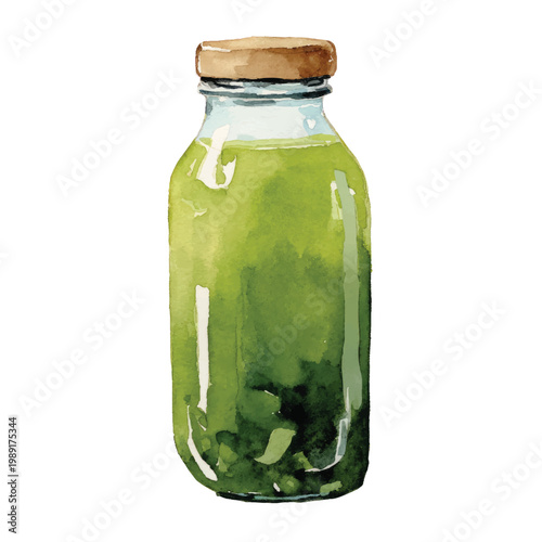 Glass bottle with green liquid.