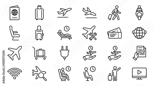 Travel and transportation icons set a collection of line art symbols for journey planning