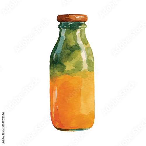 Glass bottle with orange liquid.