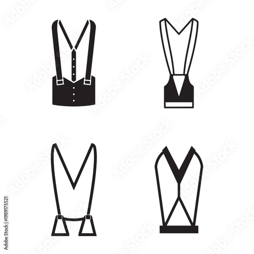 Four different black and white suspender designs with various buckle styles and configurations for mens clothing accessories  classic and modern looks