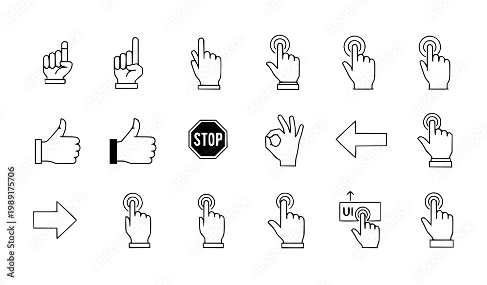 Fototapeta premium Human hand gestures vector icon collection showing pointing fingers, click actions and communication signs in modern flat design isolated on white