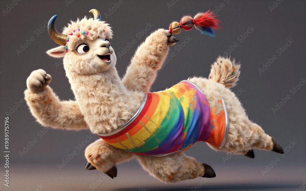 Fototapeta premium A joyful colorful alpaca leaps mid-air with festive beads and rainbow