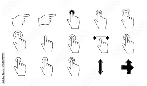 Set of hand pointer icons showing interactive finger gestures, click and touch actions for UI design in clean vector illustration style on white background