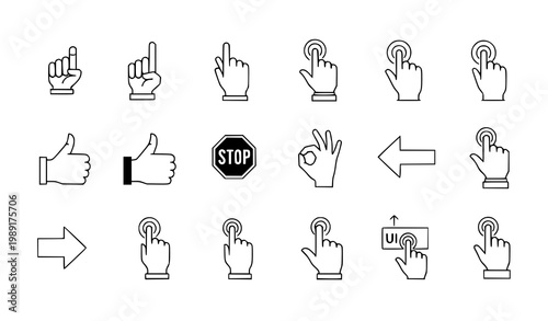Human hand gestures vector icon collection showing pointing fingers, click actions and communication signs in modern flat design isolated on white
