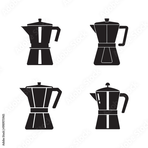 Four different black coffee maker silhouettes on white background for cooking and beverage preparation