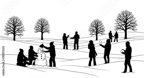 Friends and family enjoying playful winter activities, building a snowman and engaging in a cheerful snowball fight amidst a snowy outdoor landscape illustration