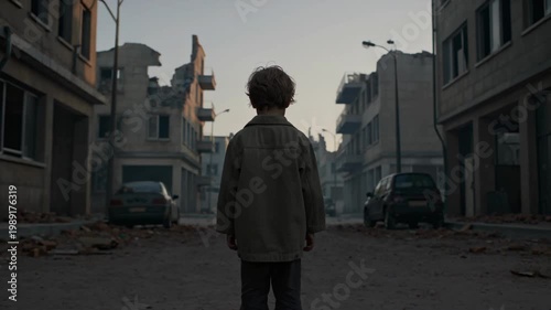 Child standing alone amidst the ruins of a war-torn city at dusk