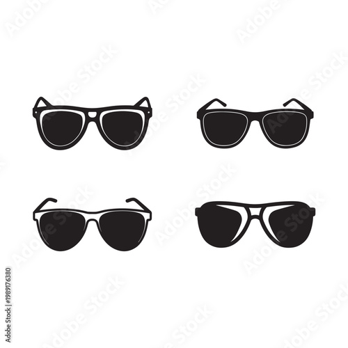 Four different black sunglasses with white outlines on a white background for fashion and accessories