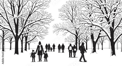 Winter park scene with people enjoying a snowy stroll amidst bare, snow-laden trees, illustrating the serene beauty of a cold-weather outdoor experience