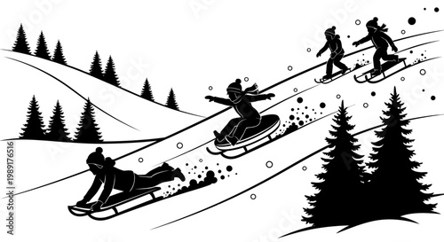 Joyful children and adults sledding down snow-covered hills during a fun winter day, surrounded by festive evergreen trees, showcasing exhilarating outdoor recreation