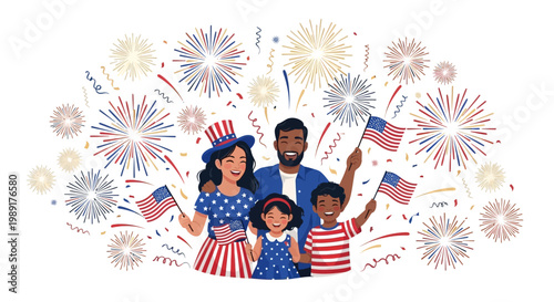 Diverse family joyfully celebrating a patriotic American holiday with vibrant fireworks and confetti, embodying national pride and festive unity together