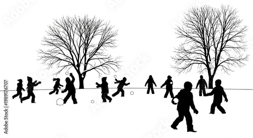 A lively winter scene depicting children joyfully engaged in a spirited snowball fight amidst snow-covered trees and open ground